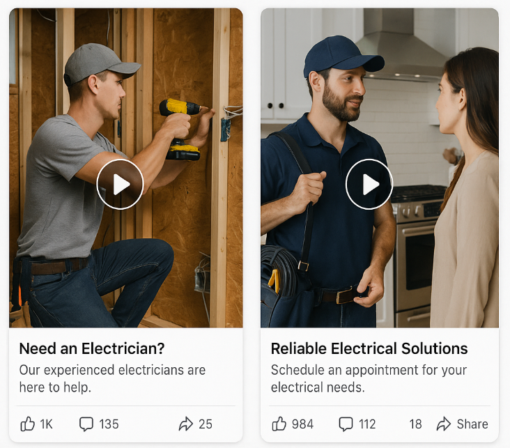 Two Facebook video ads with play buttons: 'Need an Electrician?' and 'Reliable Electrical Solutions'