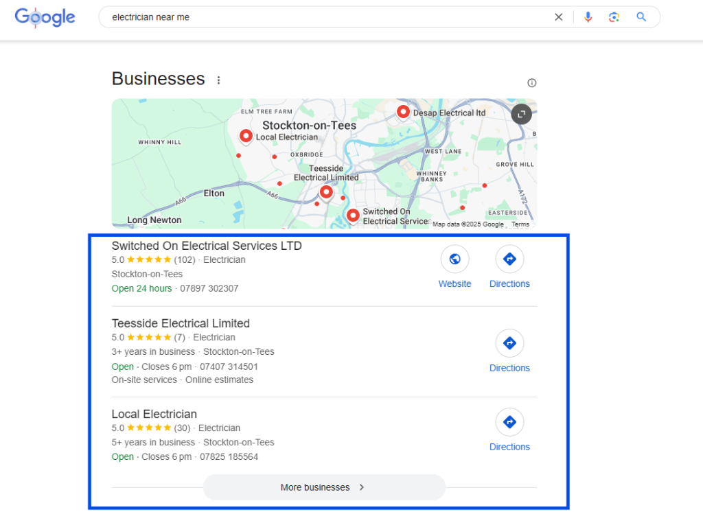 The Google Maps local 3-pack showing three electrical businesses