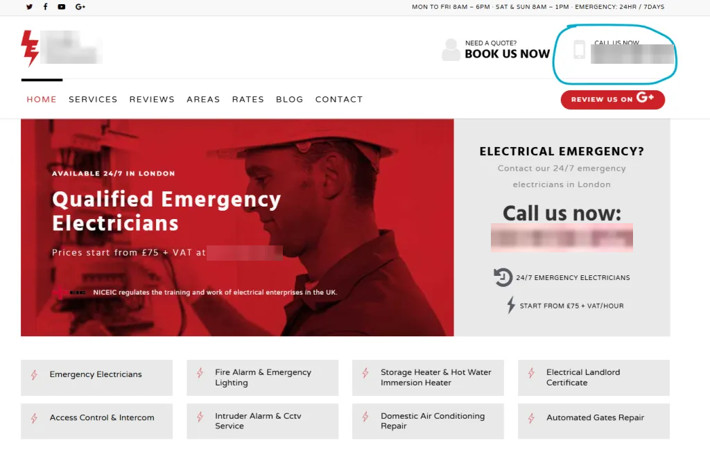 An electrician website with a tap-to-call number in the header on mobile