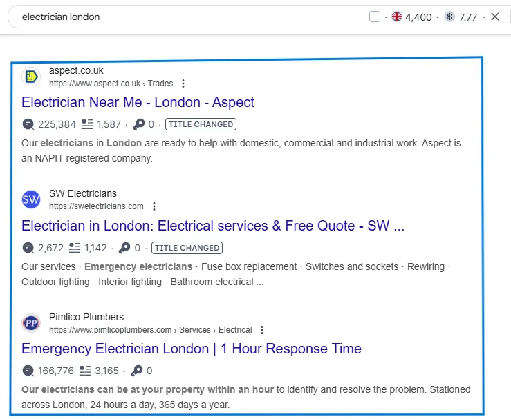 Electrician title tags shown in Google search results