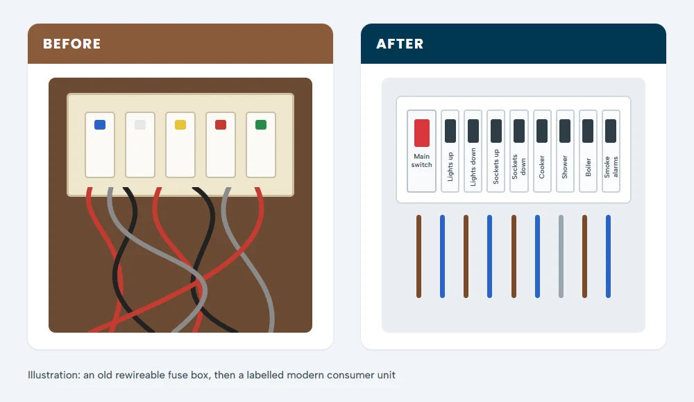 Illustration of an old rewireable fuse box with tangled wiring beside a modern consumer unit with a main switch and labelled circuits