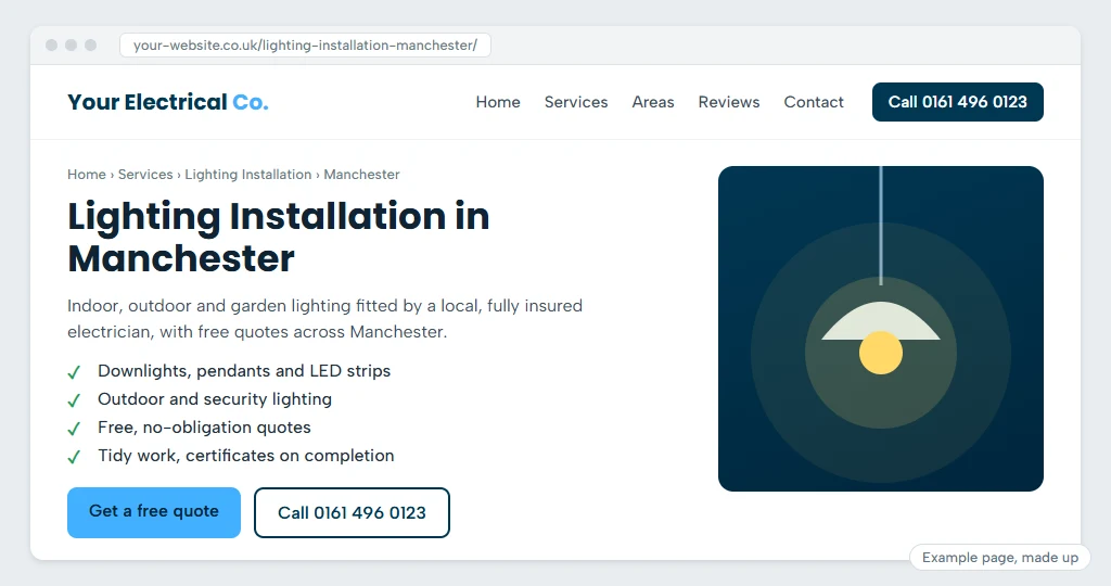 Made-up electrician's page for Lighting Installation in Manchester, with a breadcrumb trail, a heading naming the service and the town, a short benefits list, a phone number and a free quote button
