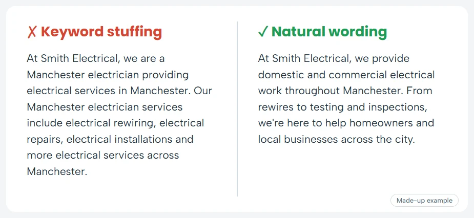 Made-up side-by-side comparison of a keyword-stuffed Google Business Profile description and a natural one for Smith Electrical